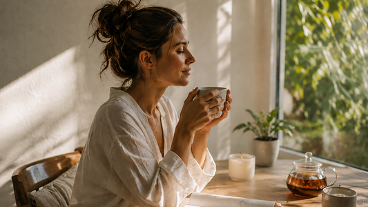 Woman enjoying tea serenely by a window