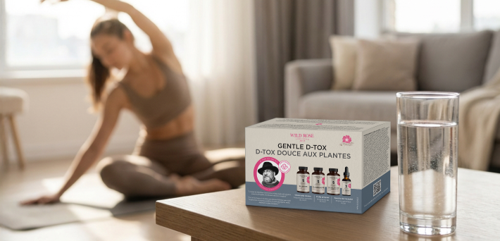 Wild Rose's Gentle D-Tox kit sits on a table beside a glass of water while a woman stretches in the background