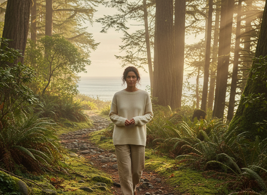 Woman walking in a lush forest path